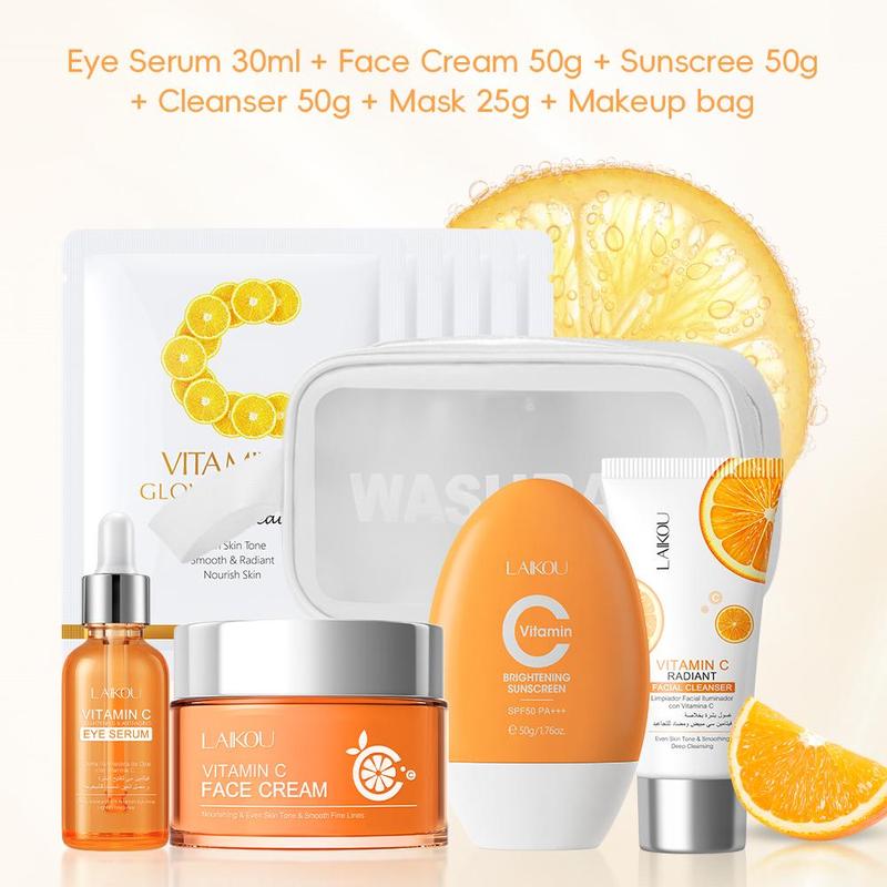 Vitamin C Moisturizing Skin Care Kit, 1 Facial Cleanser & 1 Face Moisturizer &1 Skin Care Serum & 1 Sun Care Cream &1 Makeup Bag & 5 Facial Masks