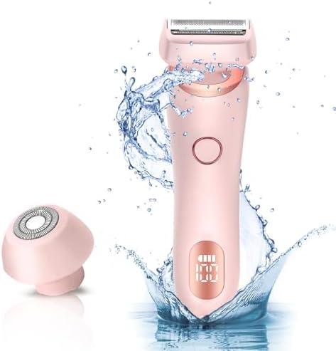 With detachable blade, wet and dry use, women's electric shaver, suitable for bikini, leg hair, face, underarms, pubic hair, rechargeable trimmer, painless, 2-in-1 portable shaver, waterproof, comfortable full body wash, remove hair at the root