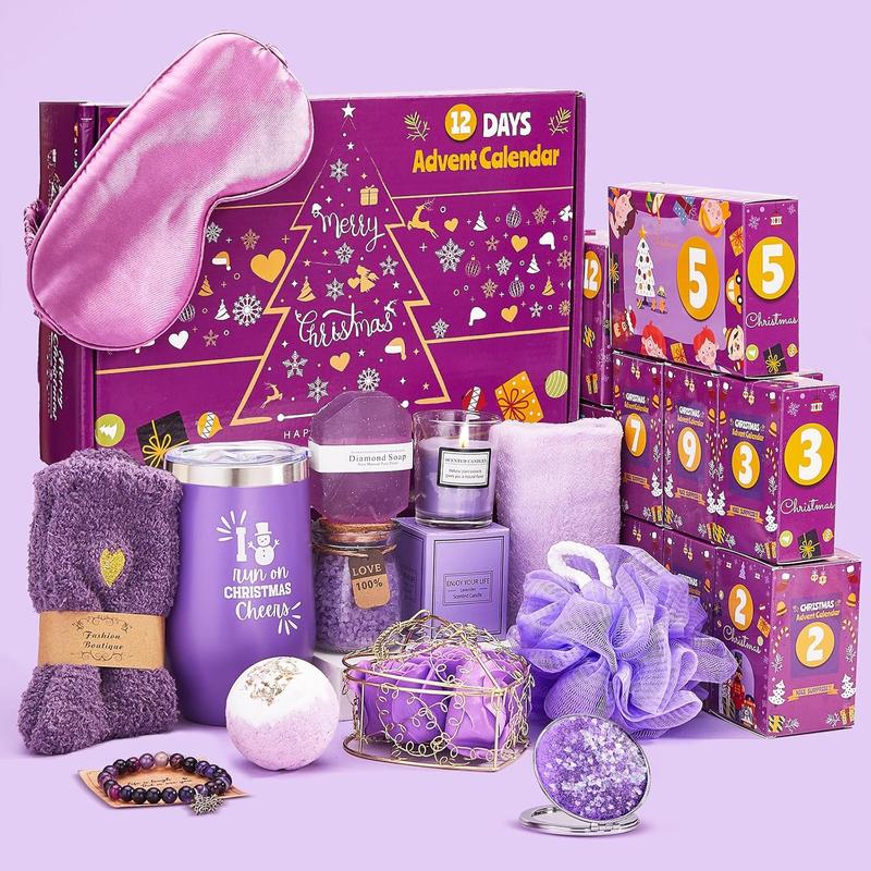 Christmas Advent Calendar 2024-12, unique Lavender Spa gift basket set including coffee mug, scented candle, bath salts, soap