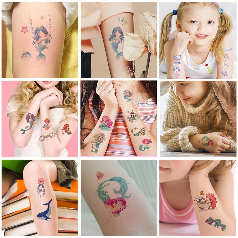 10 Sheets Tattoos for Kids, Mixed Styles Cartoon Temporary Tattoos Stickers with Mermaid Butterfly Unicorn Floral fairy Donut Cake Sea Animals Space for Boys and Girls Birthday Games for Party