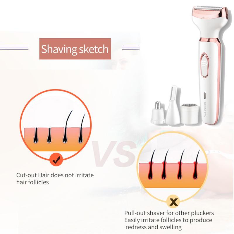 4 in 1 Electric Hair Removal Tool, USB Rechargeable Grooming Kit for Body, Face, Nose, Arms, Legs, Bikini Area, Body Razor for Women