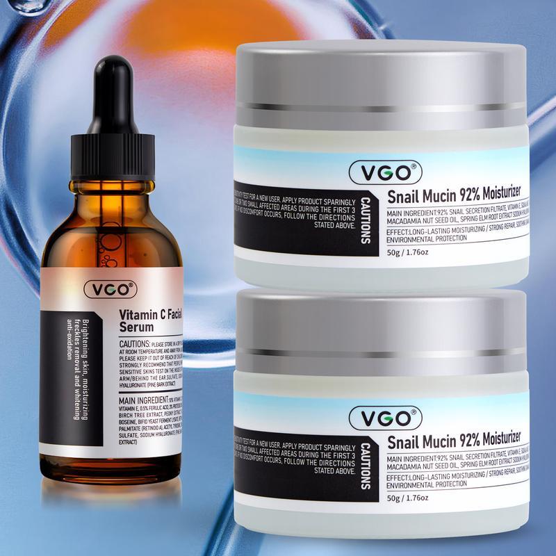 VGO Vitamin C Facial Serum Essence+VGO Snail Mucin 92% Essence Hydrating Cream  with Comfort and Skin Repair  30ml 60ml Skincare  Hydrate snail mucin skincare  and moisturize Reduces Facial Fine Lines snail 92 Moisturizer  baba de caracol Cleanser Acne