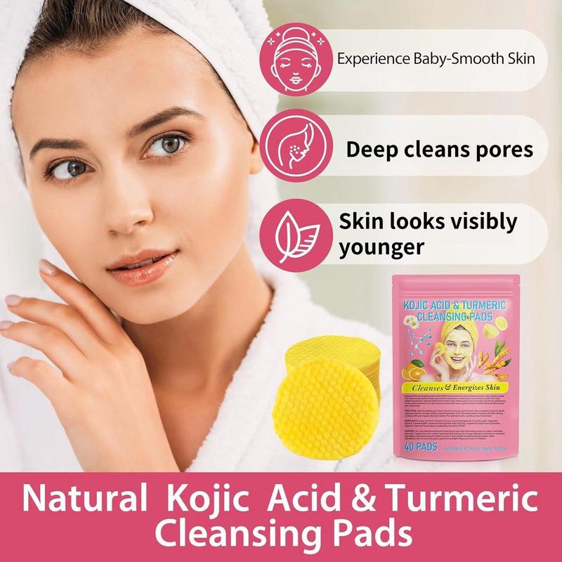 Turmeric Kojic Acid Cleansing Pads, 2 Pack(40pcs pack) Moisturizing Daily Skin Cleansing Pads, Facial Pore Deep Cleanser for Christmas Gift, Comfort Skin Care Product