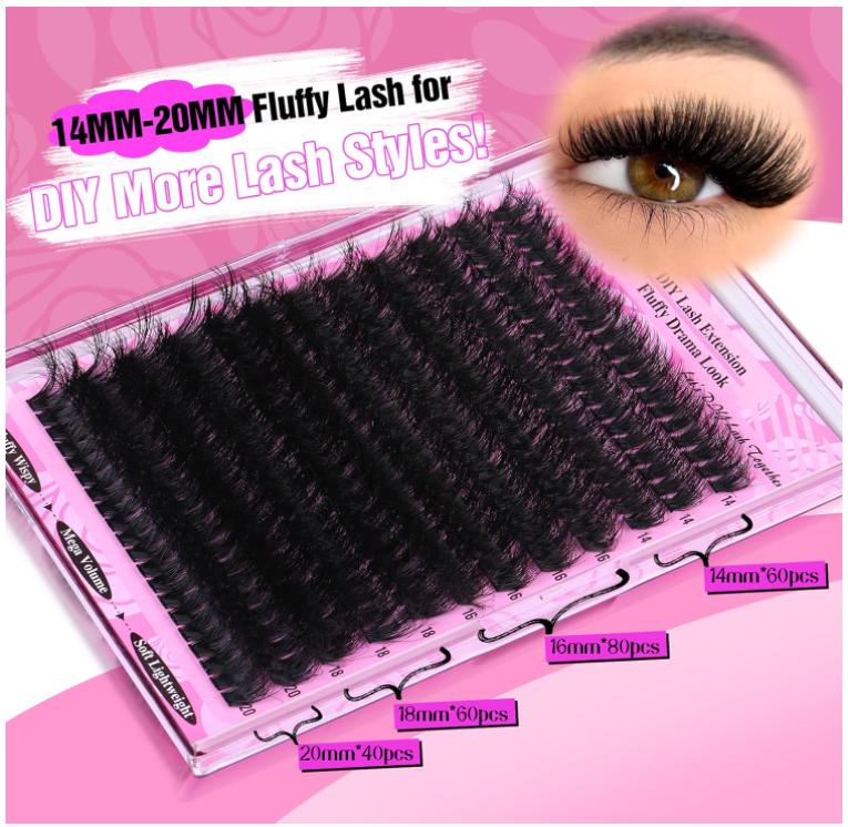 Yawamica Fluffy Lash Clusters Thick 200D Volume Eyelash Clusters 14-20mm Wispy Individual Lashes D Curl Cluster Eyelash Extensions 240pcs DIY Lash Extension for Beginners