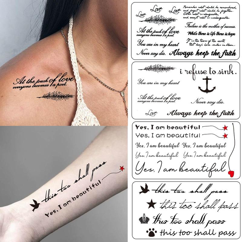 Mixed Style Letter & Proverb Pattern Temporary Tattoo Sticker, 15pcs set Waterproof Fake Tattoo Sticker, Body Art Makeup Kit for Men & Women