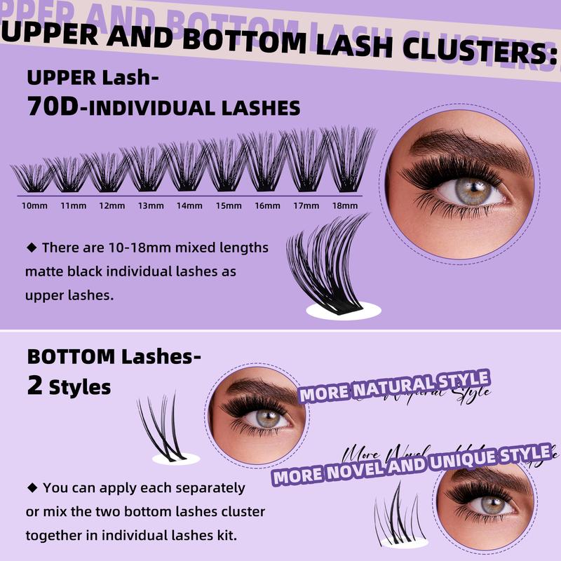 B&Q LASH l 70D+Bottom Lash Kit l 68pcs Bottom Lashes 2 styles, 200pcs Upper Lashes 70D (10-18MIX),Bond & Seal, Applicator Tool, DIY Lash Extensions at Home Cosmetic Makeup Waterproof Long Lasting