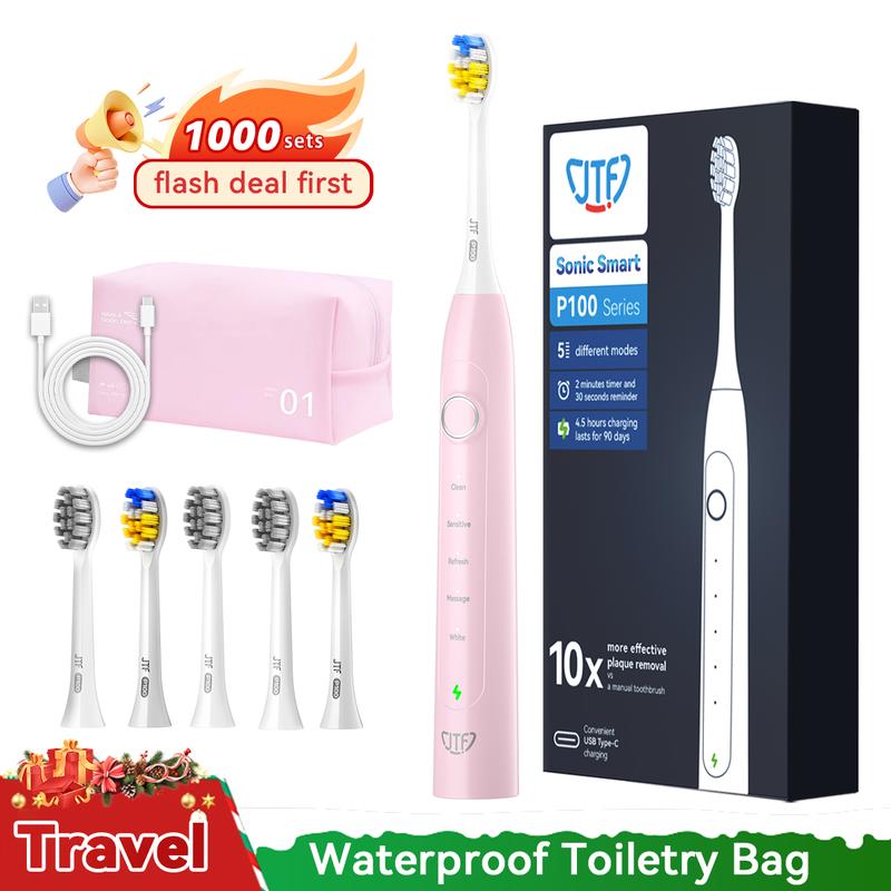 JTF P100 Sonic Electric Toothbrush for Adults - Rechargeable Electric Toothbrushes with 6 Brush Heads & Holder,  Power Electric Toothbrush with Holder, 3 Hours Charge for 45 Days Sonic Electric  Gift for Halloween, Christmas, Fall, Winter Gift