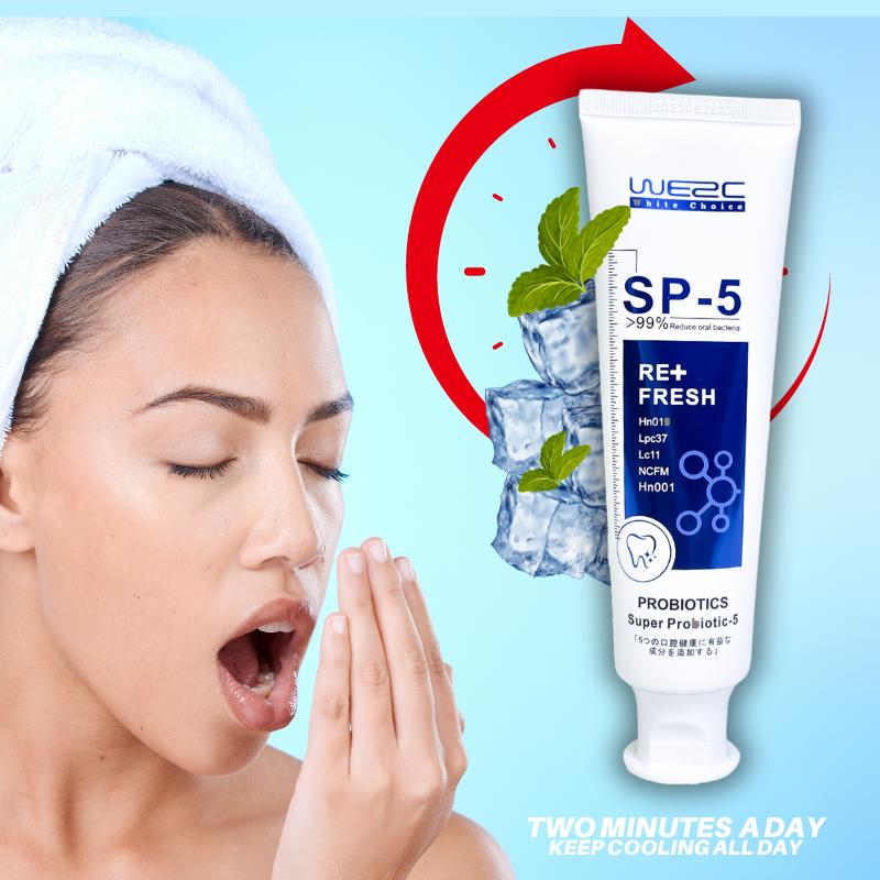 WE2C [SP-5 Probiotic Toothpaste] Whitens teeth, cleans the mouth, removes tooth stains, freshens breath, soft foam, jasmine whitening, mint freshness