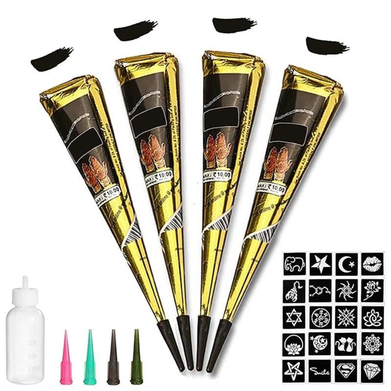 Henna Tattoo Kit, (4 Counts) Natural Herbel Henna, Long Lasting Temporary Henna Black Tattoo Cones, Body Art Henna Tattoo Cream for Women & Men, Temporary Tattoo Painting Tattoo Paste Cone Body Art for Salon, Tattoo Cones, Temporary Tattoos Adult