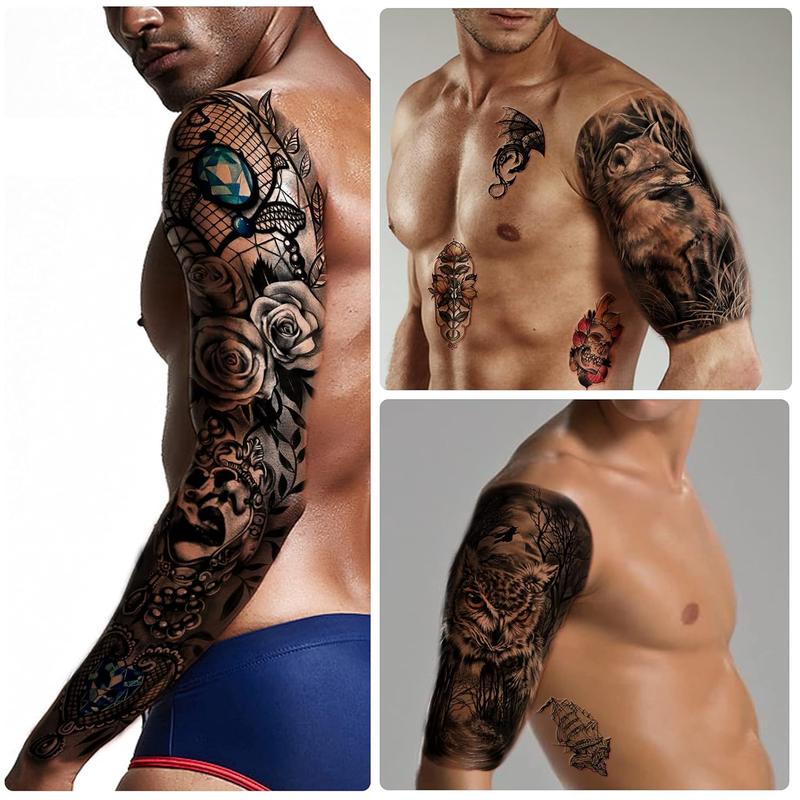 46 sheets  Arm Skull Temporary  For Men Half Arm Shoulder Angel Tattoo for Ladies Fake Waterproof Wolf Lion Stone Tattoo Stickers For Adult or Kids