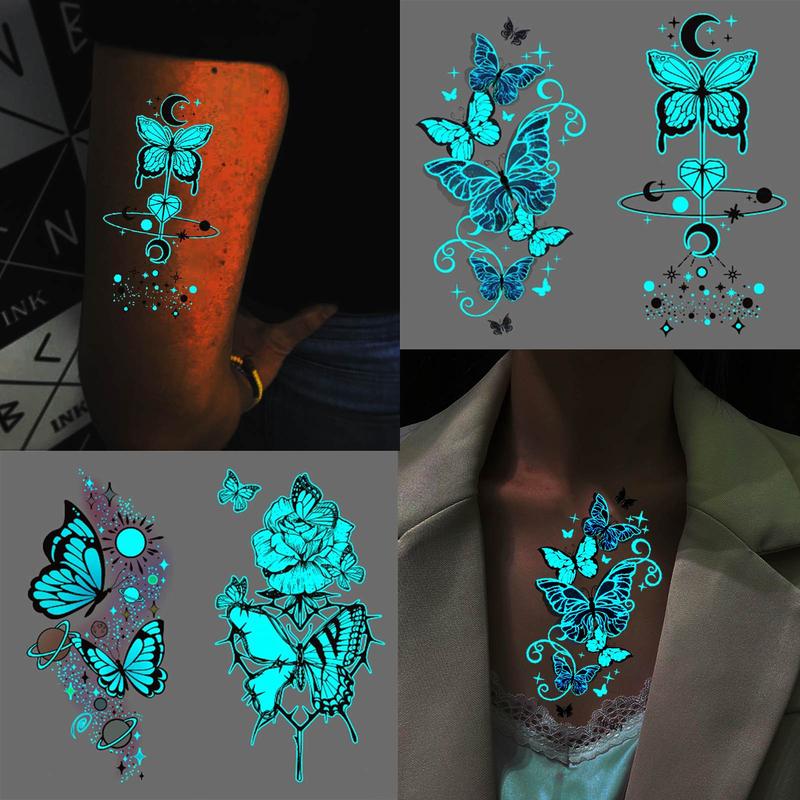 Glow in the Dark Butterfly Pattern Temporary Tattoo Sticker, 15pcs set Cool Body Art Sticker, Body Decoration for Women & Men