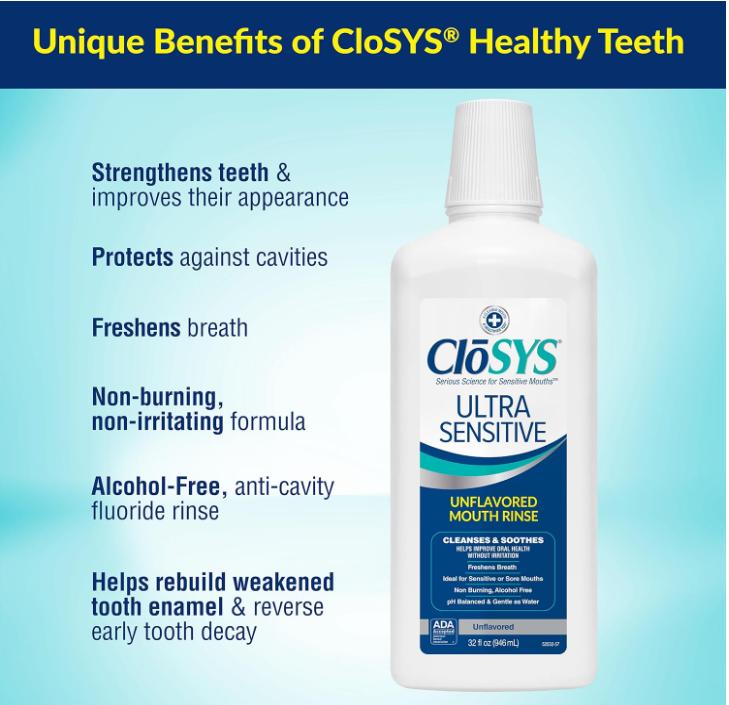 CloSYS Ultra Sensitive Mouthwash, Unflavored Alcohol Free, Dye Free, pH Balanced, Helps Soothe Entire Mouth – 32 Oz