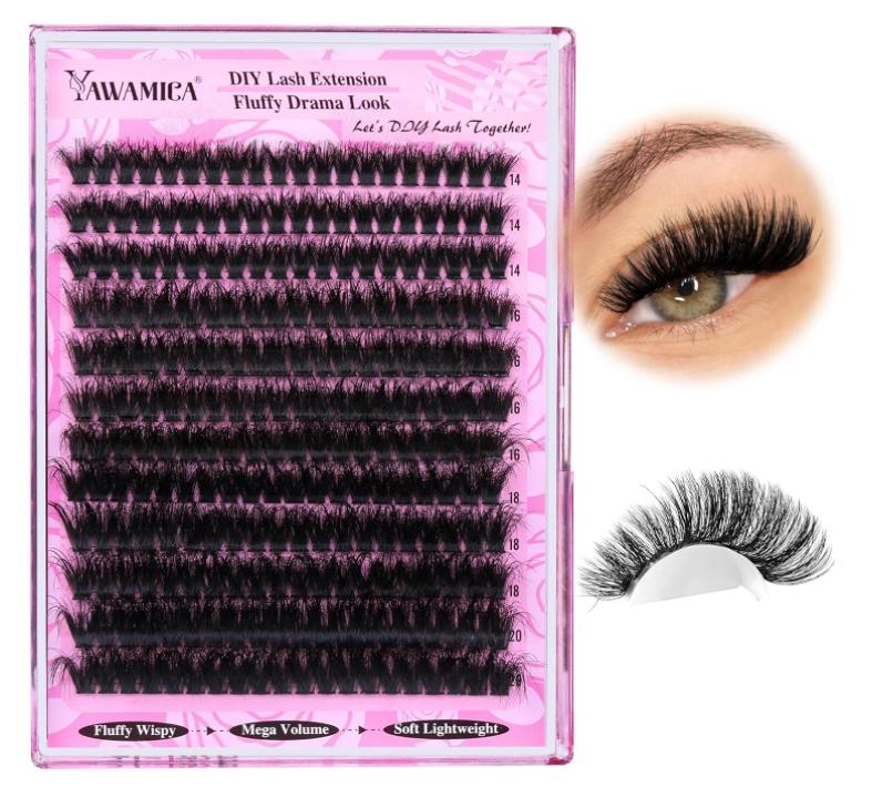 Yawamica Fluffy Lash Clusters Thick 200D Volume Eyelash Clusters 14-20mm Wispy Individual Lashes D Curl Cluster Eyelash Extensions 240pcs DIY Lash Extension for Beginners