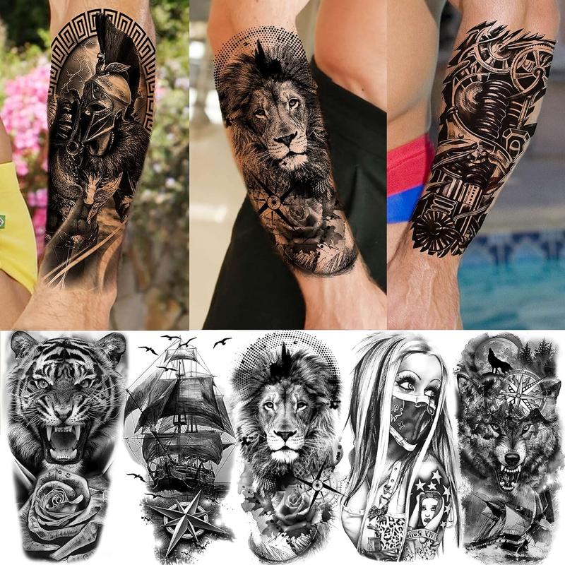 63 Sheets Tribal Wolf Lion Tiger Temporary Tattoos For Men Women Adults, Scary Halloween Skull Gangster Fake Tattoo Stickers Kids, Small 3D Realistic Tattoos Thigh Arm Neck Elephant Warrior