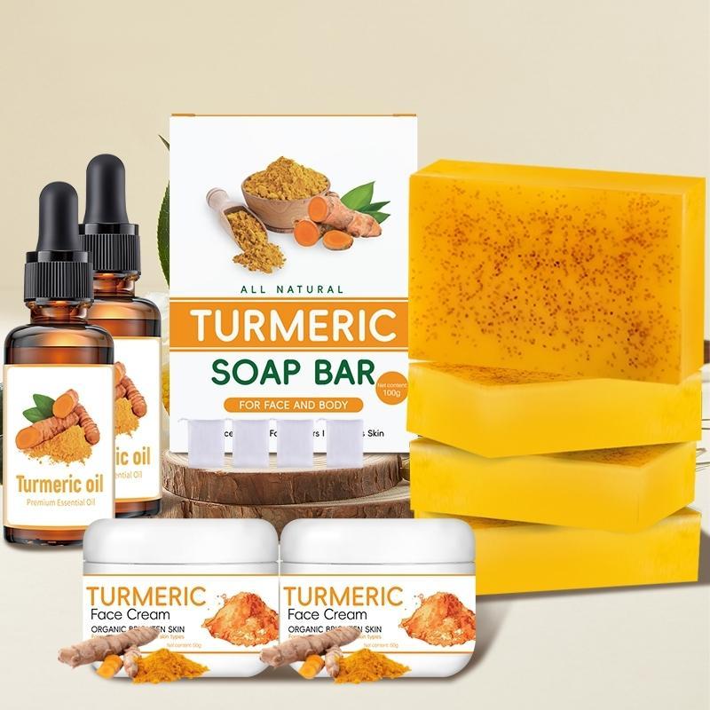 Turmeric Cream & Turmeric Oil & Turmeric Soap Set, 8 Counts set Moisturizing Facial Skin Care Kit, Daily Skincare Product for Women & Men Christmas Gift