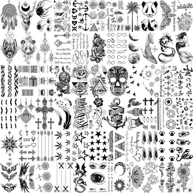 BG 66 Sheets 3D Small Black Temporary Tattoos For Women Men Waterproof Fake Tattoo Stickers For Face Neck Arm Children Flower Birds Star Realistic Tatoo Kits For Boy Girls Adults