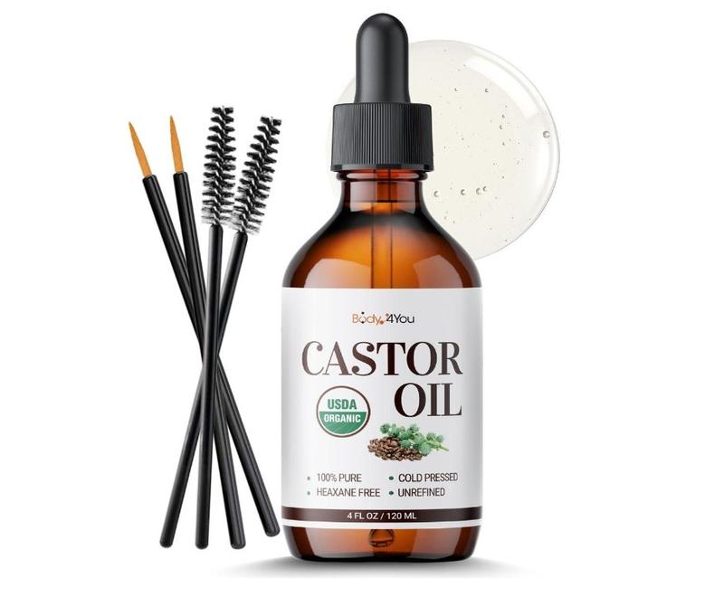 BodyJ4You Castor Oil for Eyelashes and Eyebrows - Hair Growth Oil Eyelash Brush Brow Serum Lash Oil - 100% Pure Castor Oil Organic Cold Pressed Unrefined Glass Bottle Hexane Free 4 Fl Oz