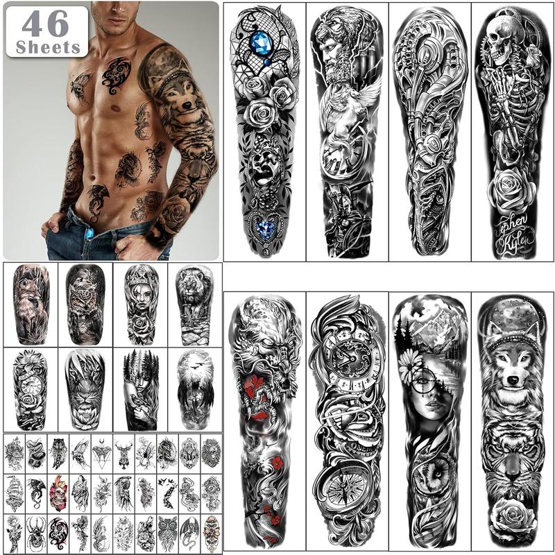 46 sheets  Arm Skull Temporary  For Men Half Arm Shoulder Angel Tattoo for Ladies Fake Waterproof Wolf Lion Stone Tattoo Stickers For Adult or Kids