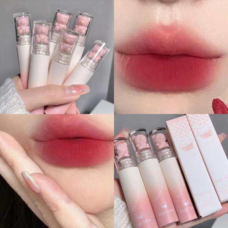 Cute Bear Design Long Lasting Makeup Lip Gloss, Velvet Matte Finish Lip Care Lipstick, Easy Coloring Glossy Cosmetic Lip Sticks for Girls & Women, Gift For Gf