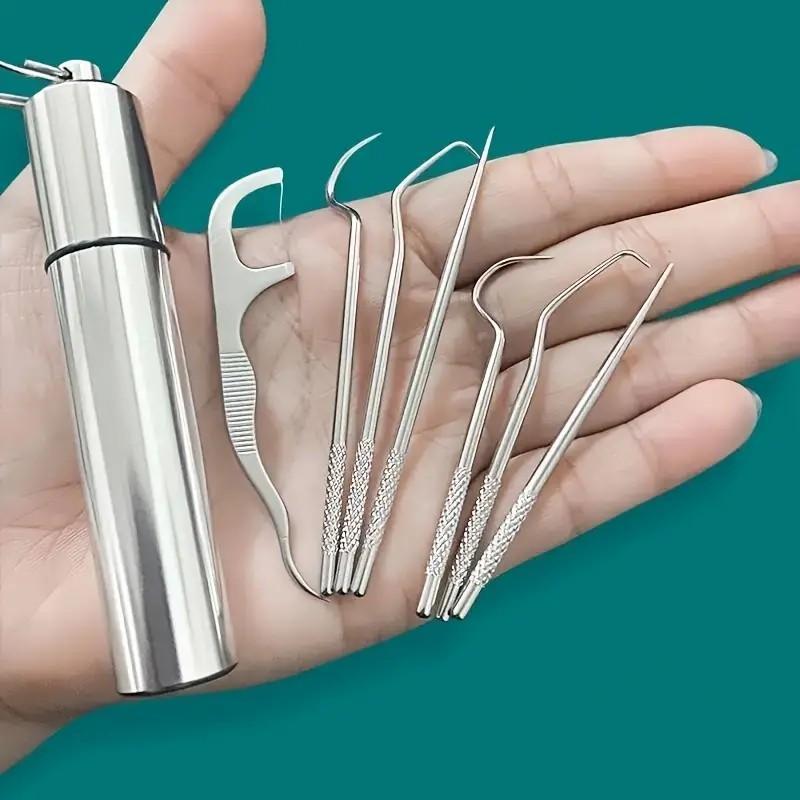 Portable Dental Floss & Picks Set, 7 Counts set Stainless Steel Oral Care Tool with Storage Box, Multifunctional Dental Health Kit for Home & Travel, Christmas Gift