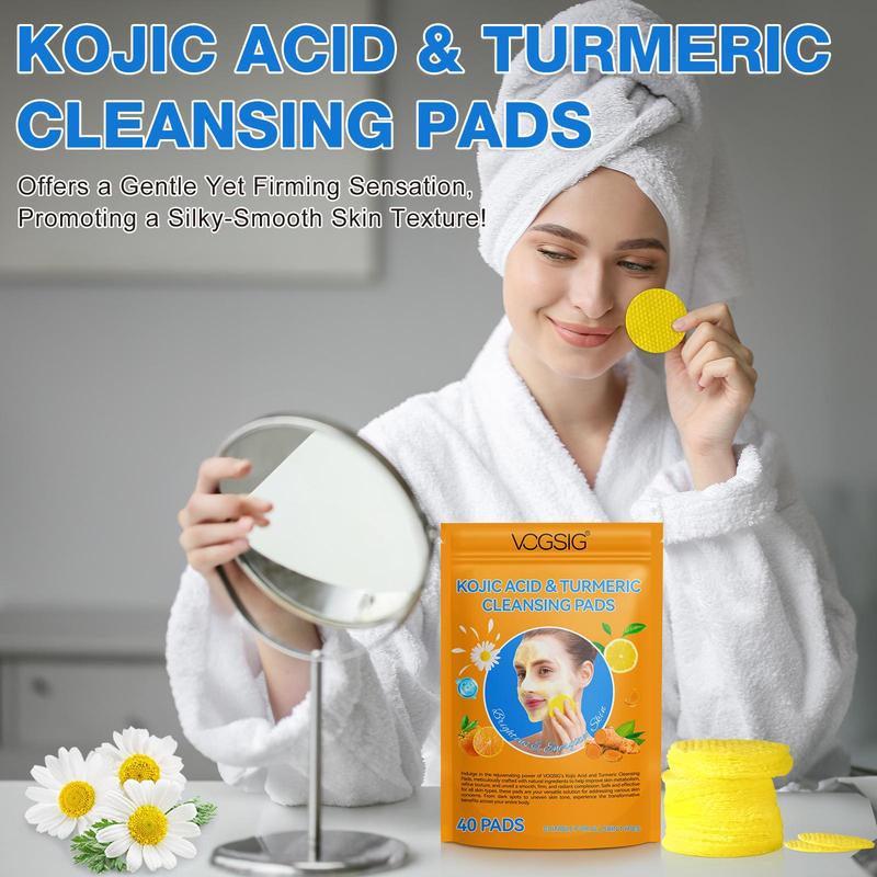 Natural Kojic Acid & Turmeric Cleansing Pads, 40pcs pack Deep Cleansing Mild and Non-irritating Facial Skin Care Cleansing Pads for All Skin Types