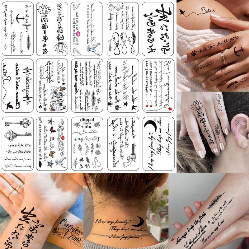 Mixed Style Letter & Proverb Pattern Temporary Tattoo Sticker, 15pcs set Waterproof Fake Tattoo Sticker, Body Art Makeup Kit for Men & Women