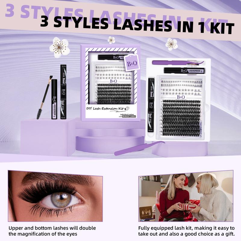 B&Q LASH l 70D+Bottom Lash Kit l 68pcs Bottom Lashes 2 styles, 200pcs Upper Lashes 70D (10-18MIX),Bond & Seal, Applicator Tool, DIY Lash Extensions at Home Cosmetic Makeup Waterproof Long Lasting