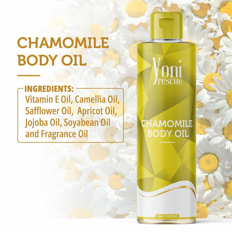 Chamomile Body Oil, 4oz, with Apricot, Jojoba, Avocado Oils & Vitamin E Oil, Daily Moisturizer, Fast-Absorbing, Nourishes and Hydrates Skin, Skin Repair, Body Care, Ideal for All Skin Types, Chamomile Scented Fragrance Moisturizer by Yoni Rescue