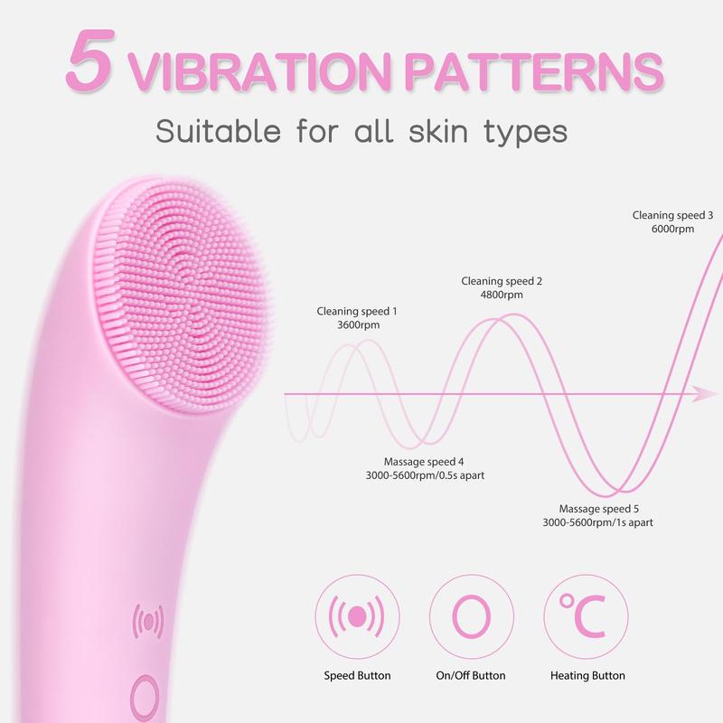 Facial Cleansing Brush, PRITECH Heatable Vibrating Face Scrubber with Massage, Silicone Face Scrubber for Women & Men, Electric Facial Cleanser for Deep Cleansing, Gentle Exfoliating (Pink)