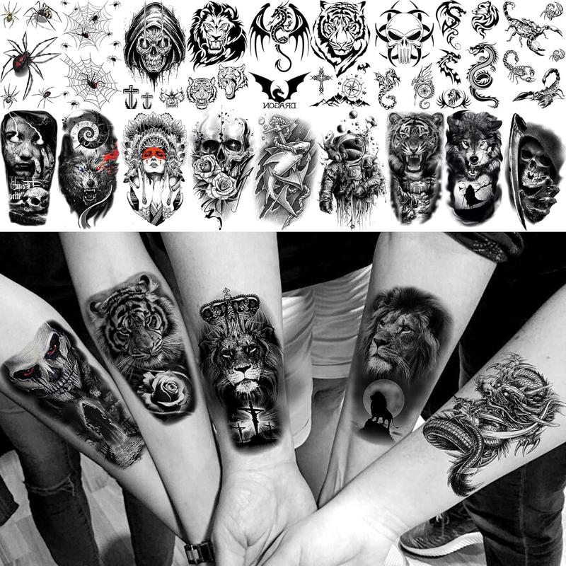 63 Sheets Tribal Wolf Lion Tiger Temporary Tattoos For Men Women Adults, Scary Halloween Skull Gangster Fake Tattoo Stickers Kids, Small 3D Realistic Tattoos Thigh Arm Neck Elephant Warrior