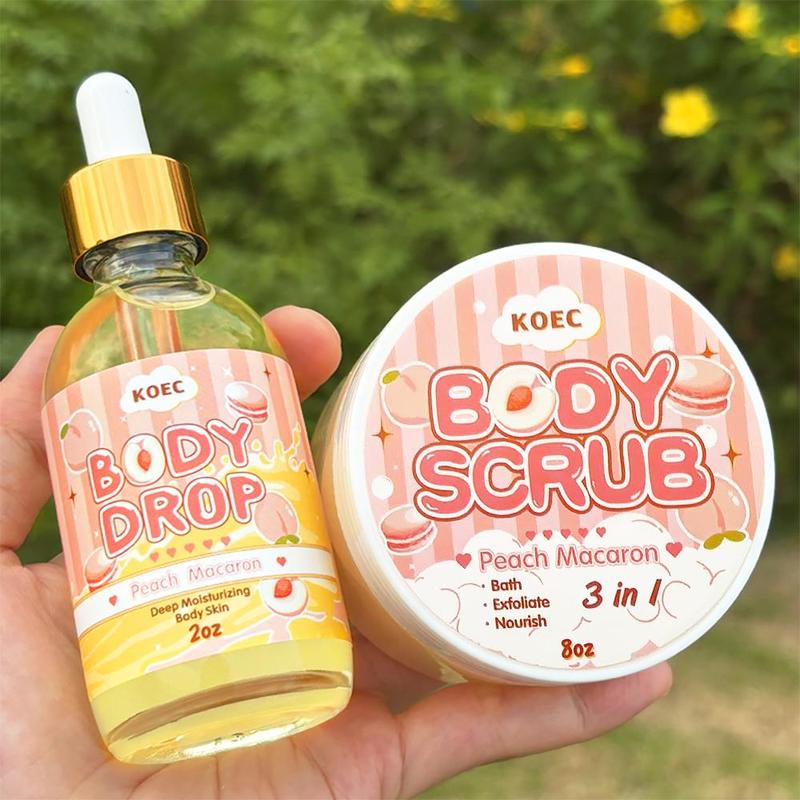 Peach Body Scrub & Body Oil Set, 2 Counts set Exfoliating Body Scrub & Moisturizing Body Oil, Body Care Set for Women & Girls