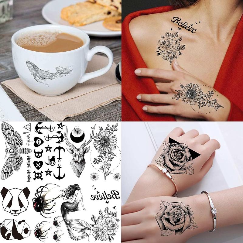 BG 66 Sheets 3D Small Black Temporary Tattoos For Women Men Waterproof Fake Tattoo Stickers For Face Neck Arm Children Flower Birds Star Realistic Tatoo Kits For Boy Girls Adults