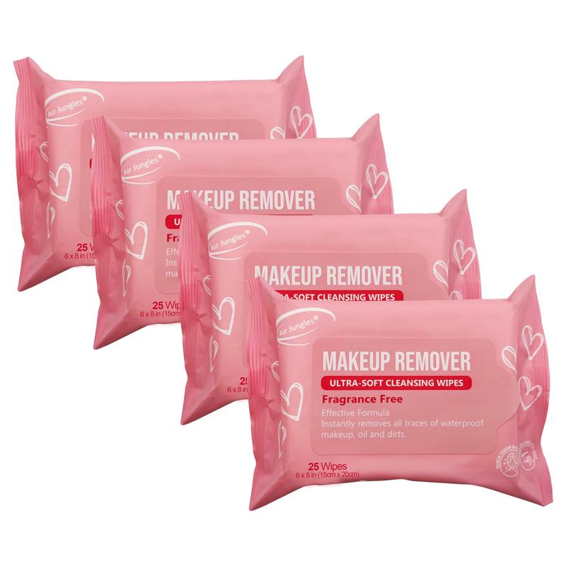 Air Jungles Makeup Remover Wipes 25 Count (Pack of 4), Fragrance-Free, Gentle Removes Makeup and Oil, Ultra-Soft Cleansing Wipes, Alcohol Free