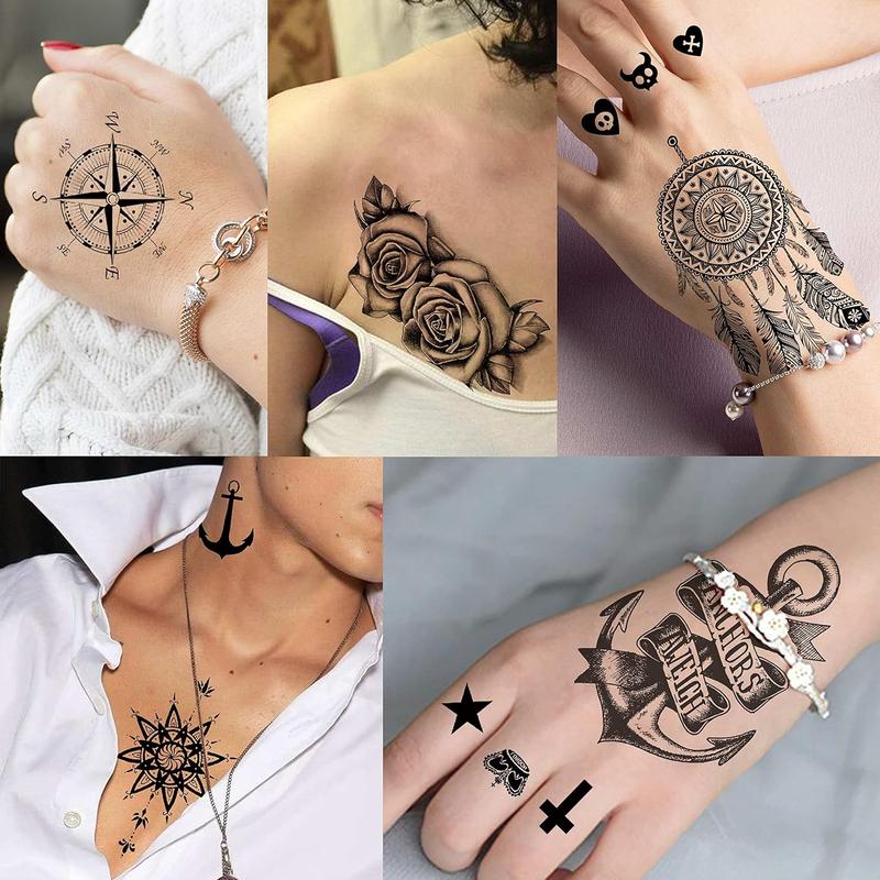 BG 66 Sheets 3D Small Black Temporary Tattoos For Women Men Waterproof Fake Tattoo Stickers For Face Neck Arm Children Flower Birds Star Realistic Tatoo Kits For Boy Girls Adults