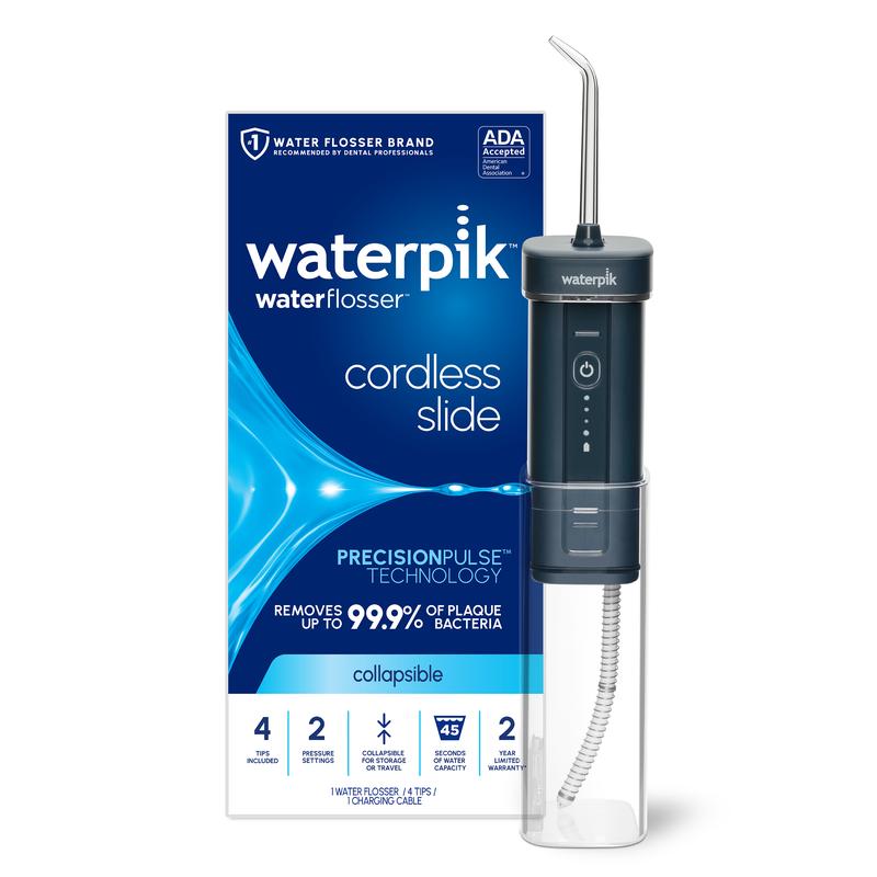 Waterpik Cordless Slide Professional Water Flosser TikTok Shop For Teeth, Gums, Braces, Dental Care With Travel Bag and 4 Tips, ADA Accepted, Rechargeable, Portable Collapsible, and Waterproof, Blue WF-17, Packaging May Vary