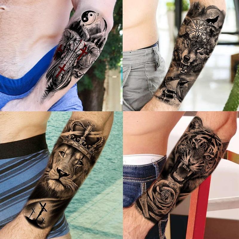 63 Sheets Tribal Wolf Lion Tiger Temporary Tattoos For Men Women Adults, Scary Halloween Skull Gangster Fake Tattoo Stickers Kids, Small 3D Realistic Tattoos Thigh Arm Neck Elephant Warrior