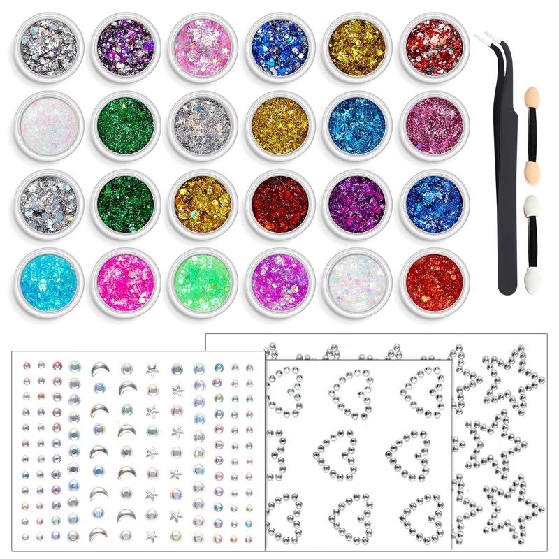 Glitter Gel Set, 12pcs set Including 6 Color Glitter Gel & 2 Counts Double-ended Brush & 1 Count Tweezers & 3 Counts Rhinestone Sticker, Body Makeup for Women & Girls