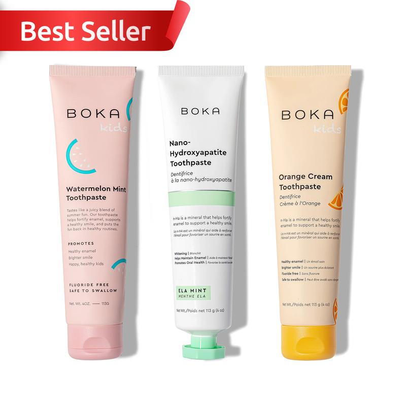 Boka Bundle of 3!!! Fluoride Free n-Ha Toothpaste Oral - Ela Mint, Orange cream, Watermelon Flavor - Safe to Swallow