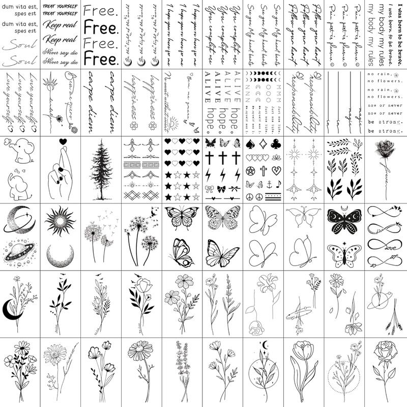 Realistic Temporary Tattoos for Women - 60 Sheets Tiny Small Removable Adult Fake Tattoos,185 counts Minimalist Waterproof Inspirational Quotes Words Wild Flower Floral Bouquet Adults Tattoo Stickers