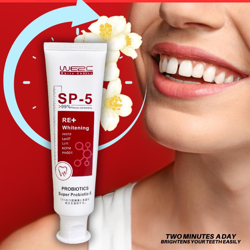 WE2C [SP-5 Probiotic Toothpaste] Whitens teeth, cleans the mouth, removes tooth stains, freshens breath, soft foam, jasmine whitening, mint freshness