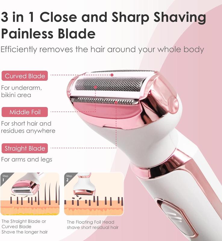 Rechargeable 4-in-1 Electric Razor for Women - Painless HairTrimmer for Face, Nose, Eyebrows, Beard, Mustache, Arm, LegArmpit, and Bikini -Portable Body Shavers Set rechargeablegrooming kit