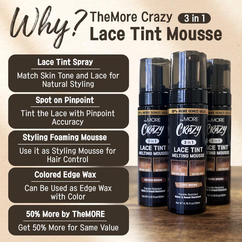 TheMORE Crazy 3 in 1 Lace Tint Mousse 200ml | Concealer Lace Wig Hair Wigs Toupees and Hair Pieces Lace Tint Styling Foaming Mousse