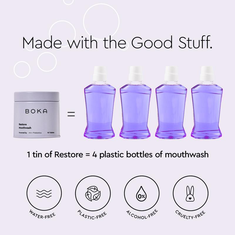 Restore Mouthwash Tablets Oral Pack - Pack of 90, Probiotic Infused, Freshens Breath & Soothes Irritated Gums Gentle Mint