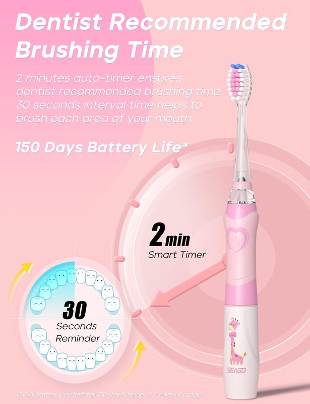 SEAGO Kids Electric Toothbrush with 2 Mins Brushing Timer and 4 Replacement Bursh Heads,Rainbow LED Light Make Brushing Fun, Pink Color Girls Battery Powerd Toothbrush for 4-12 Years Old