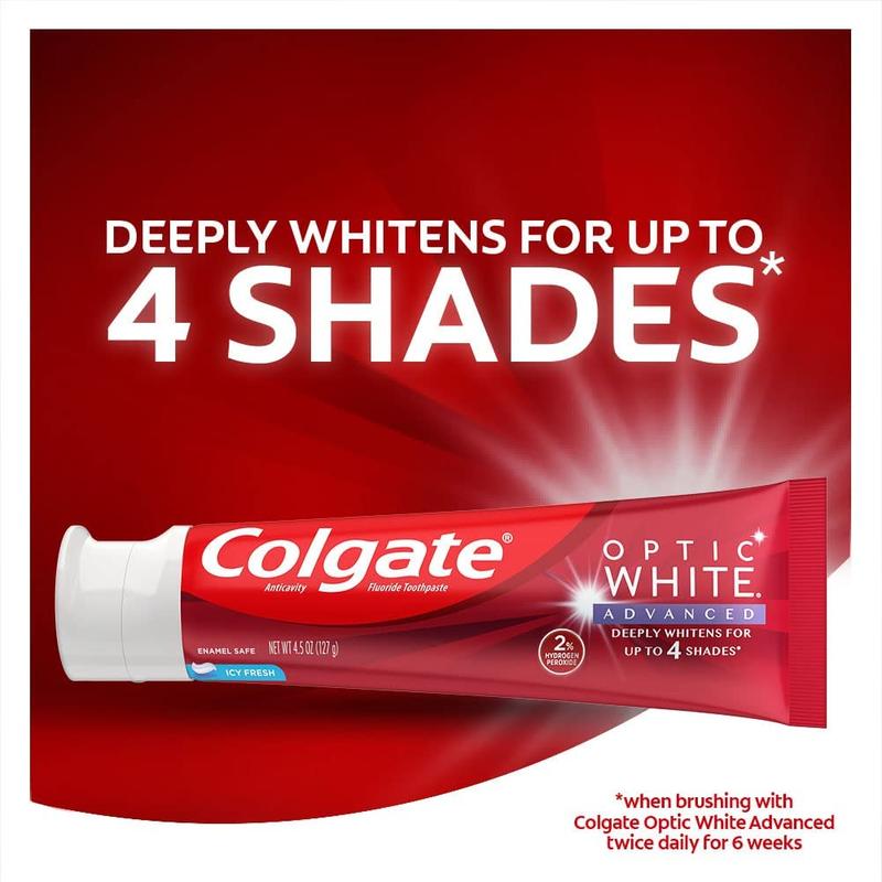 Colgate Optic White Advanced Hydrogen Peroxide Toothpaste Pack, Teeth Whitening Toothpaste, Enamel-Safe Hydrogen Peroxide Formula, Helps Remove Tea, Coffee, and Wine Stains, Icy Fresh, 3 Pack, 3.2 oz