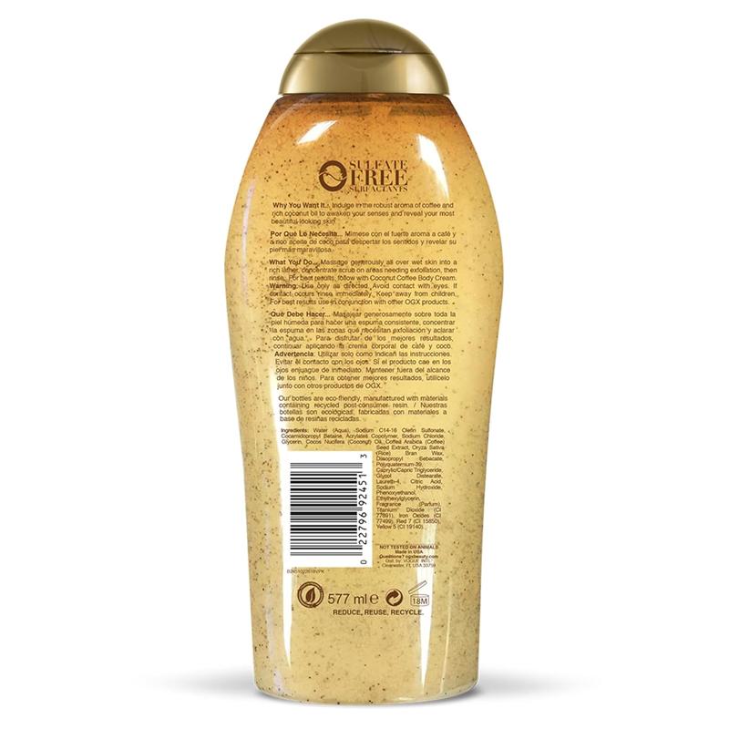 OGX Smoothing + Coconut Coffee Exfoliating Body Scrub with Arabica Coffee & Coconut Oil, Moisturizing Body Wash for Dry Skin, Paraben-Free with Sulfate-Free Surfactants, 19.5 Fl Oz