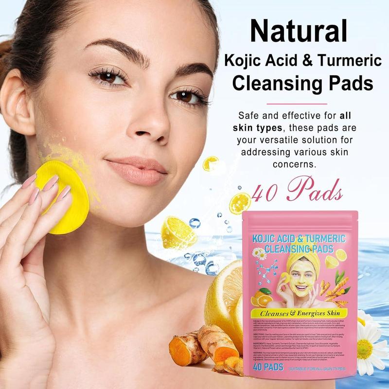 Turmeric Kojic Acid Cleansing Pads, 2 Pack(40pcs pack) Moisturizing Daily Skin Cleansing Pads, Facial Pore Deep Cleanser for Christmas Gift, Comfort Skin Care Product