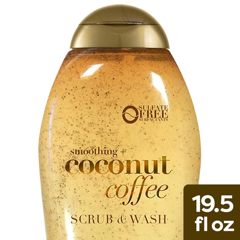 OGX Smoothing + Coconut Coffee Exfoliating Body Scrub with Arabica Coffee & Coconut Oil, Moisturizing Body Wash for Dry Skin, Paraben-Free with Sulfate-Free Surfactants, 19.5 Fl Oz