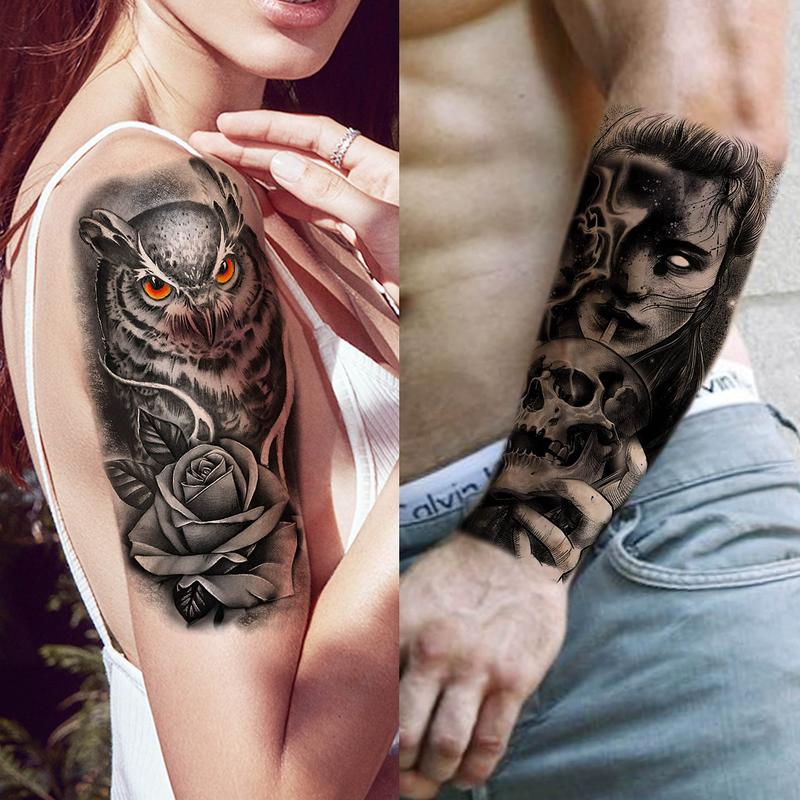 68 Sheets Large Half Arm Sleeve Temporary Tattoos For Men Women Forearm, Tribal Wolf Tiger Lion Owl Skull Temp Halloween Fake Tattoo Stickers Adults, Black Realistic Tattoo Flower Rose Animals Gothic Kit Waterproof