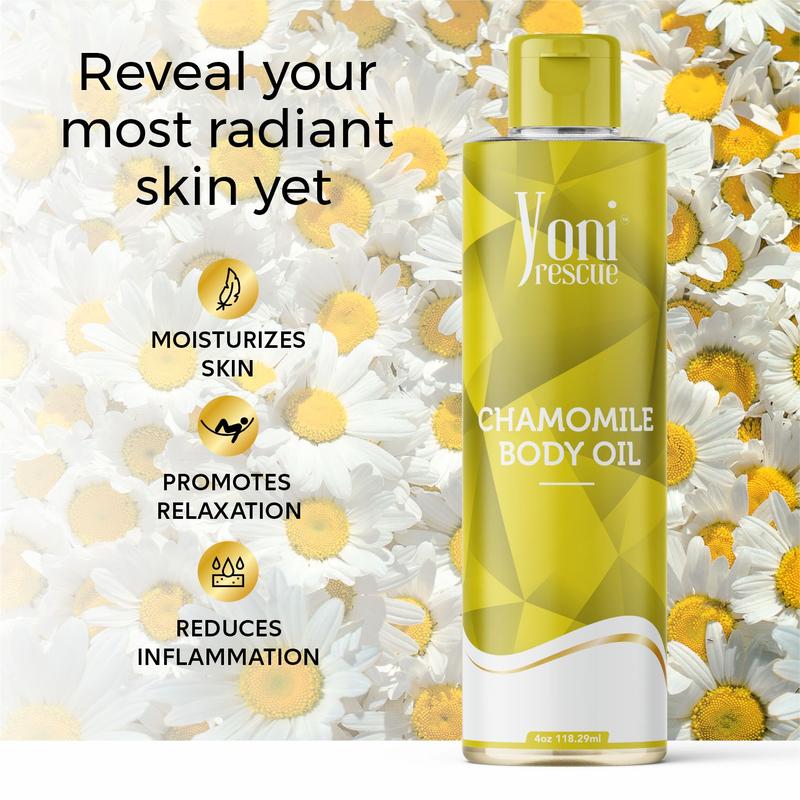 Chamomile Body Oil, 4oz, with Apricot, Jojoba, Avocado Oils & Vitamin E Oil, Daily Moisturizer, Fast-Absorbing, Nourishes and Hydrates Skin, Skin Repair, Body Care, Ideal for All Skin Types, Chamomile Scented Fragrance Moisturizer by Yoni Rescue